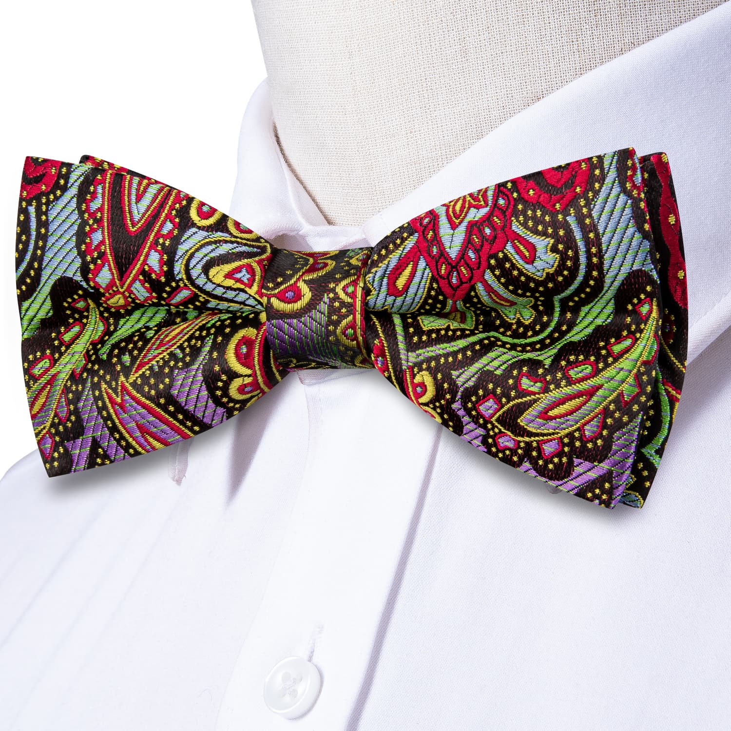 Rainbow Colorful Paisley Men's Silk Bow Tie Hanky Cufflinks Set