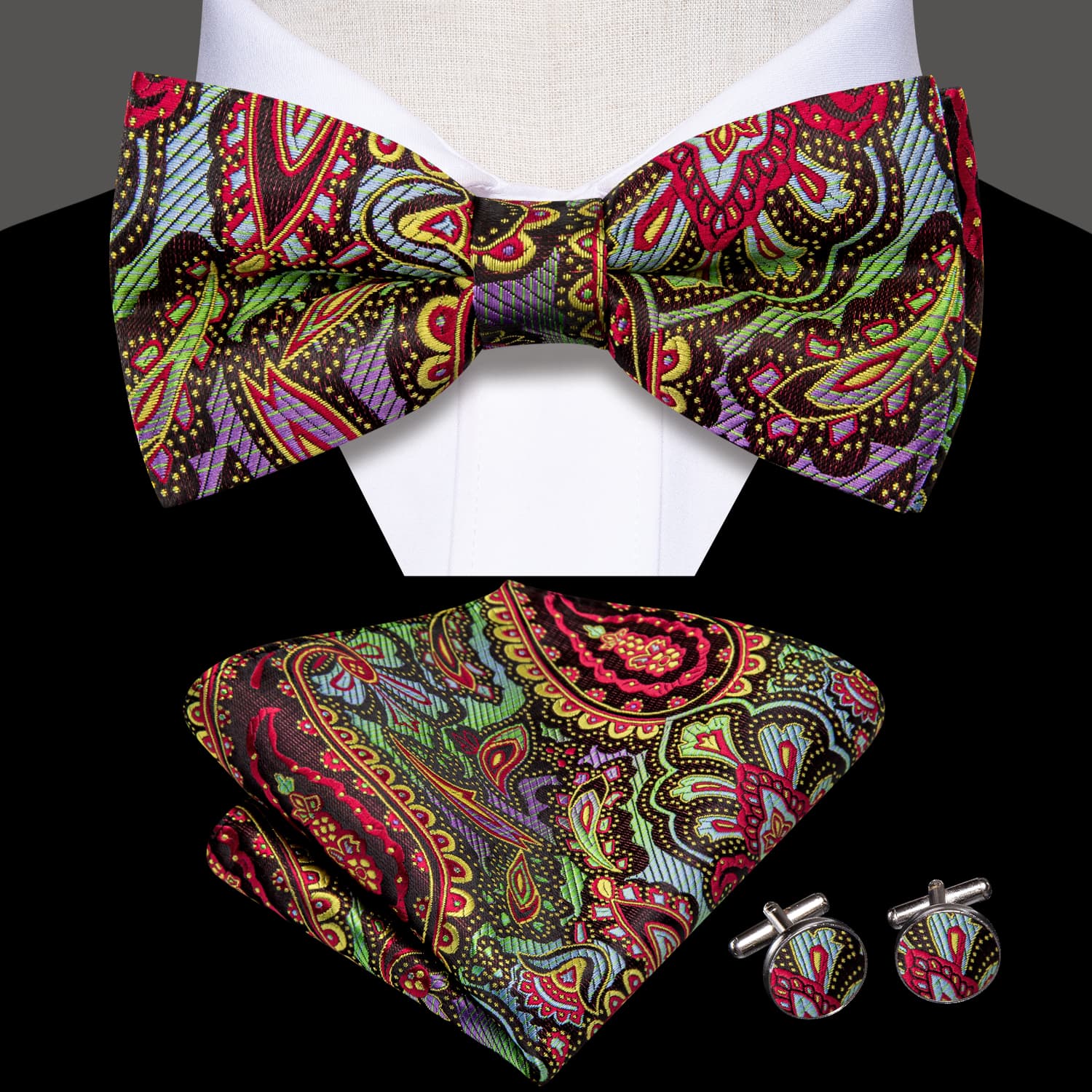 Rainbow Colorful Paisley Men's Silk Bow Tie Hanky Cufflinks Set