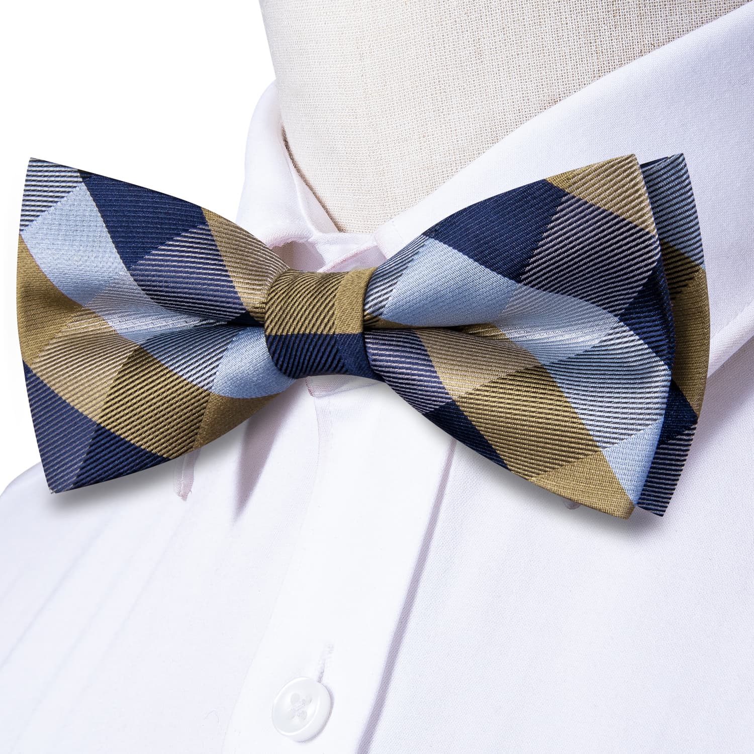 Deep Blue Sky Blue Brown Checkered Bow Tie Hanky Cufflinks Set