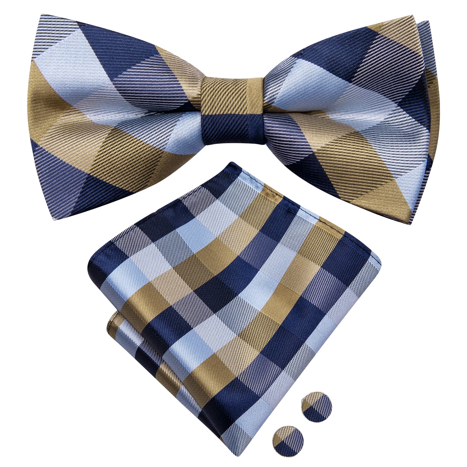 Deep Blue Sky Blue Brown Checkered Bow Tie Hanky Cufflinks Set
