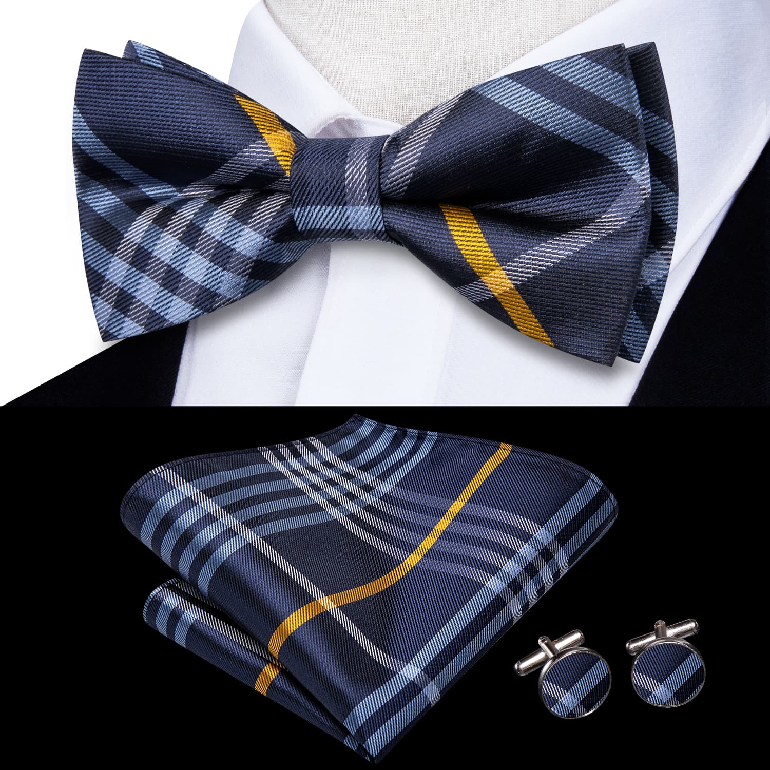 Blue Necktie White Yellow Stripes Bow Tie Hanky Cufflinks Set