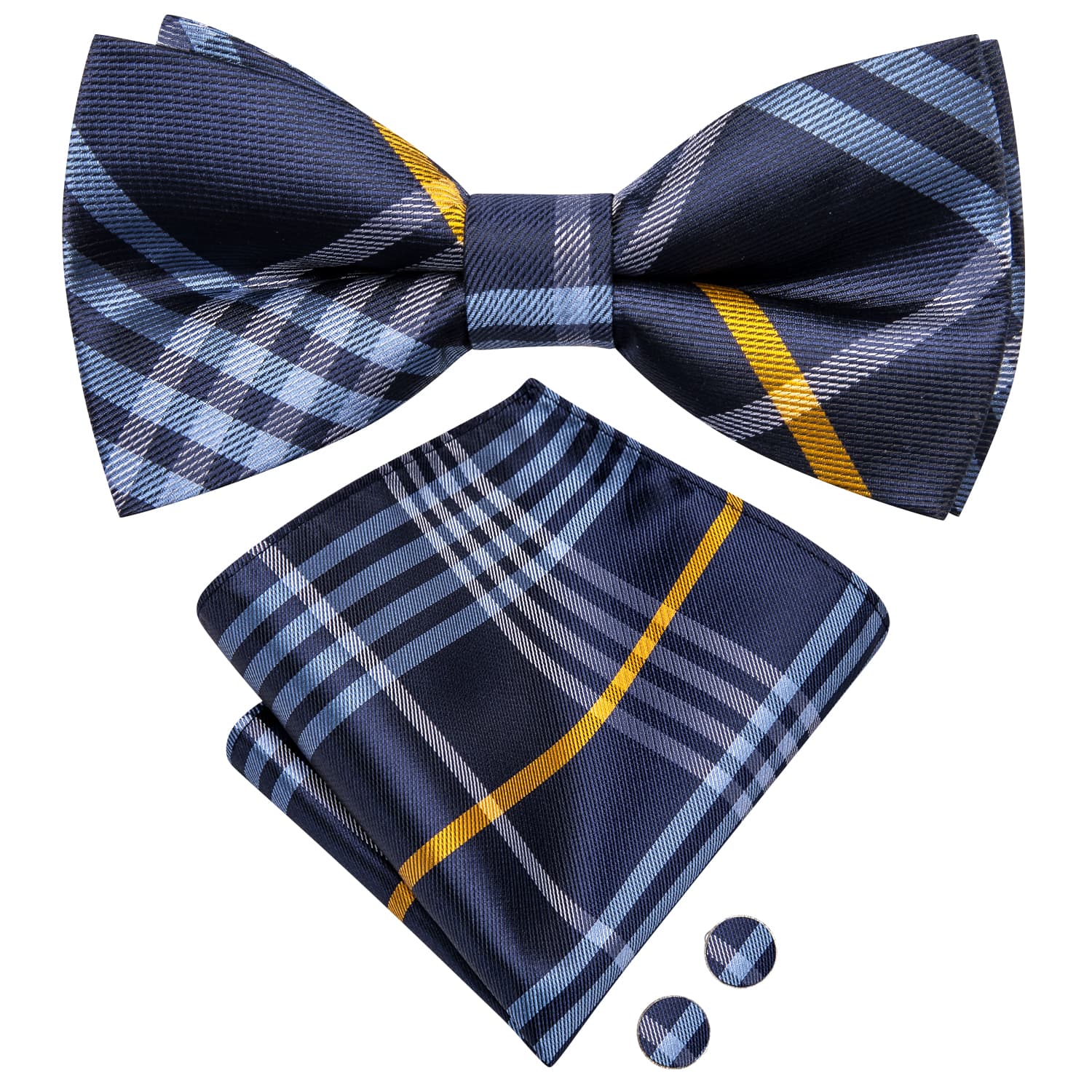 Blue Necktie White Yellow Stripes Bow Tie Hanky Cufflinks Set