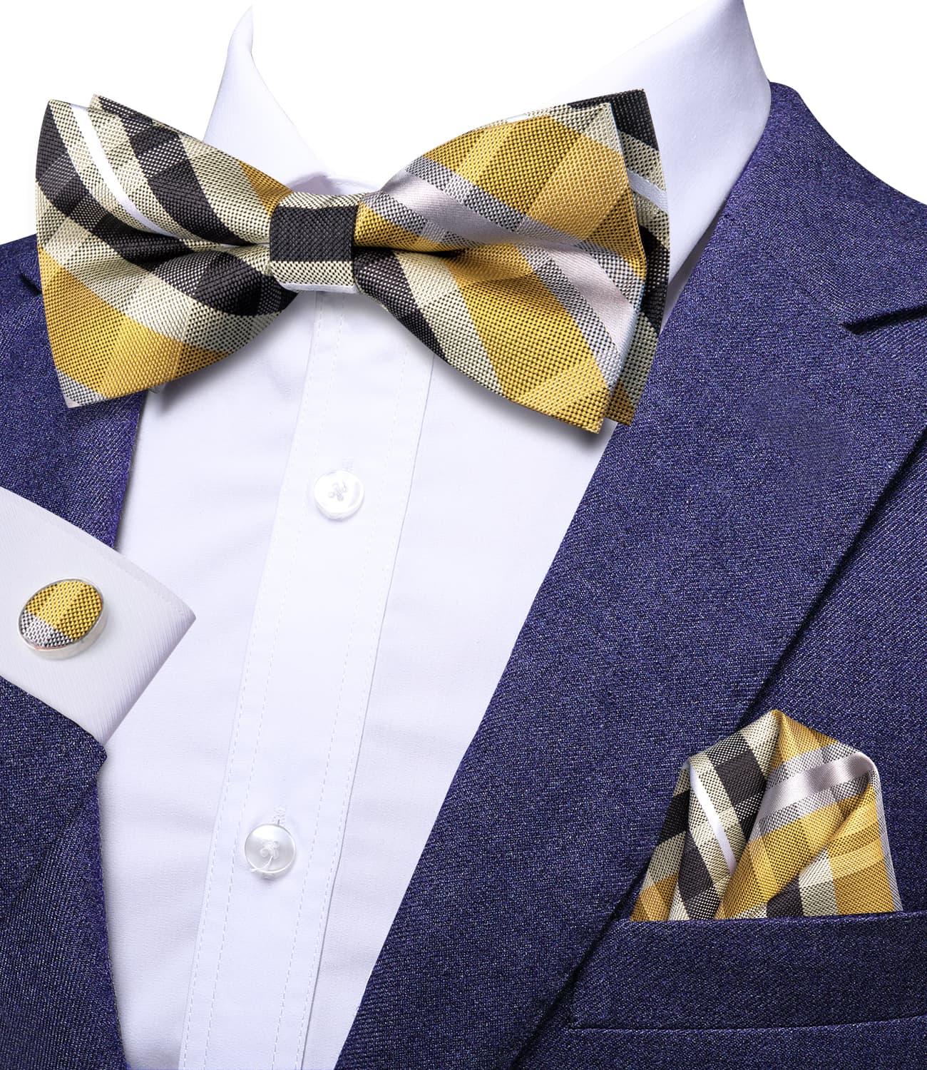 Yellow Bowtie Black Grey Stripes Bow Tie Hanky Cufflinks Set