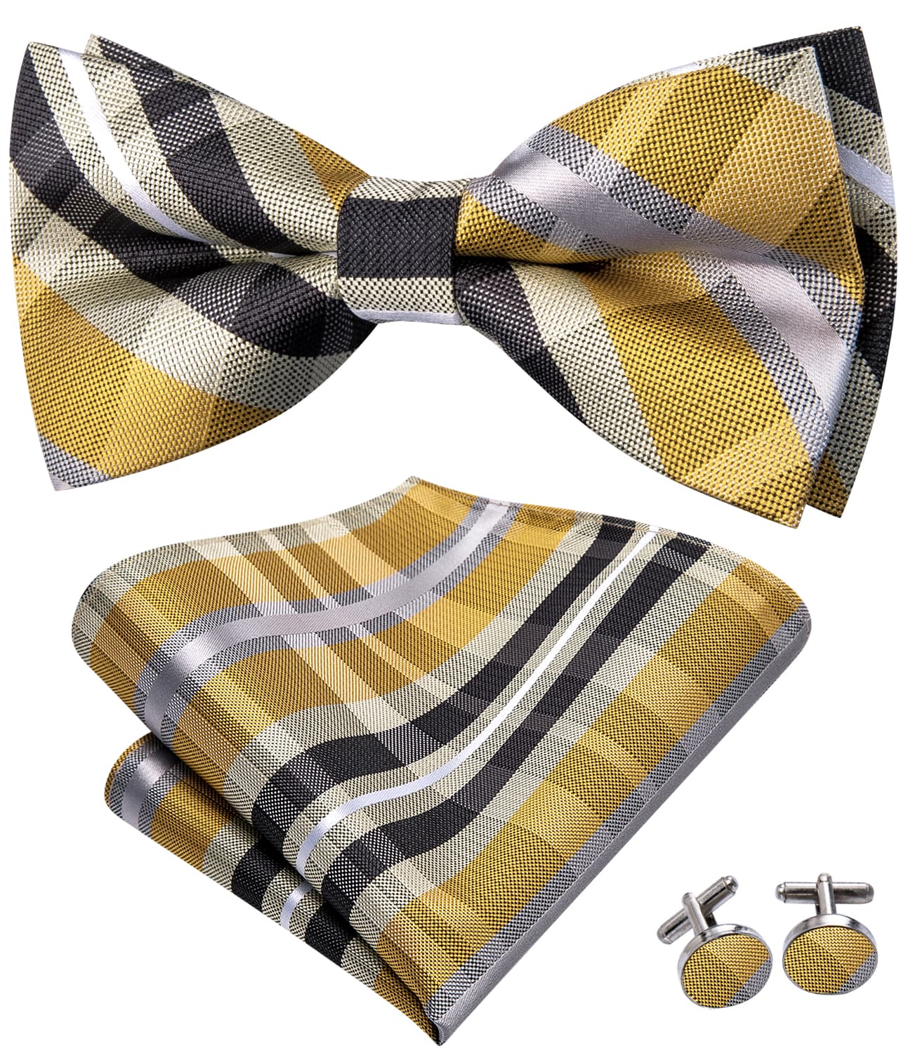 Yellow Bowtie Black Grey Stripes Bow Tie Hanky Cufflinks Set