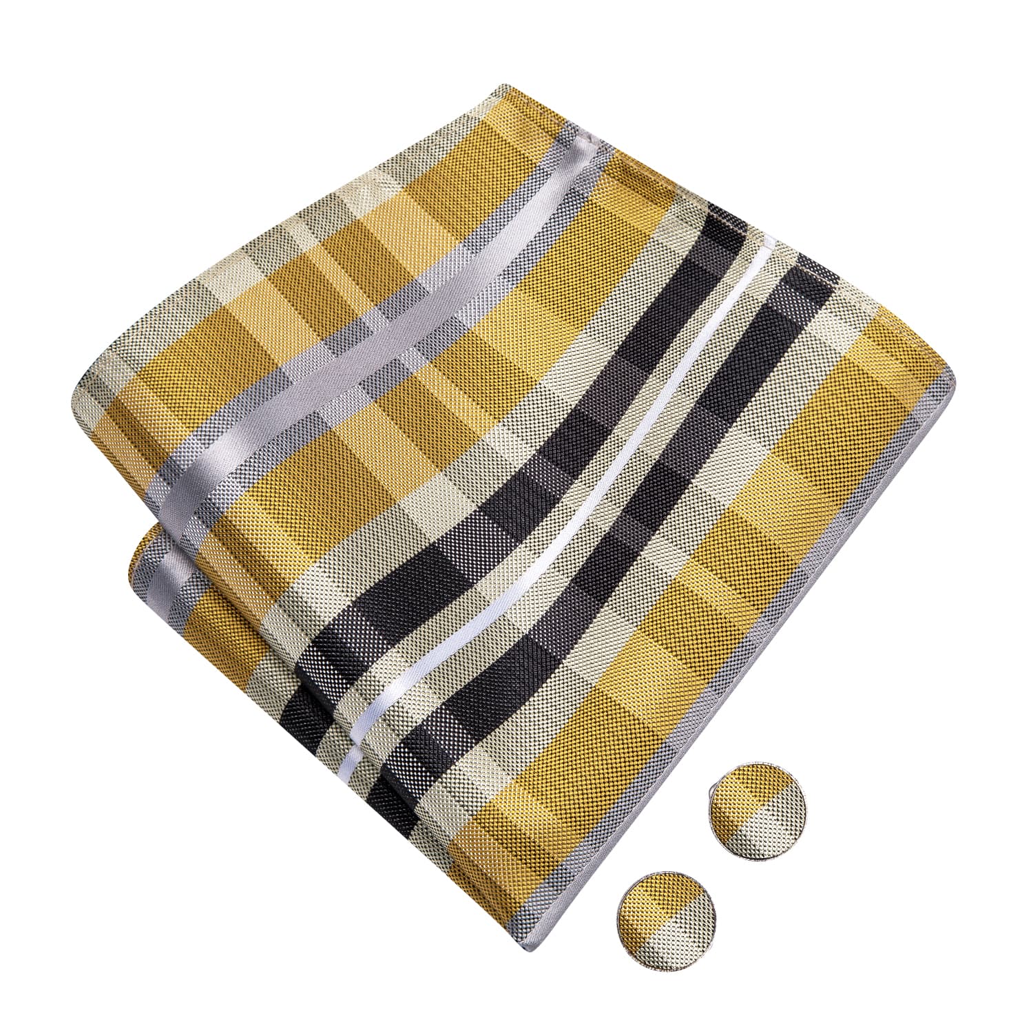 Yellow Bowtie Black Grey Stripes Bow Tie Hanky Cufflinks Set