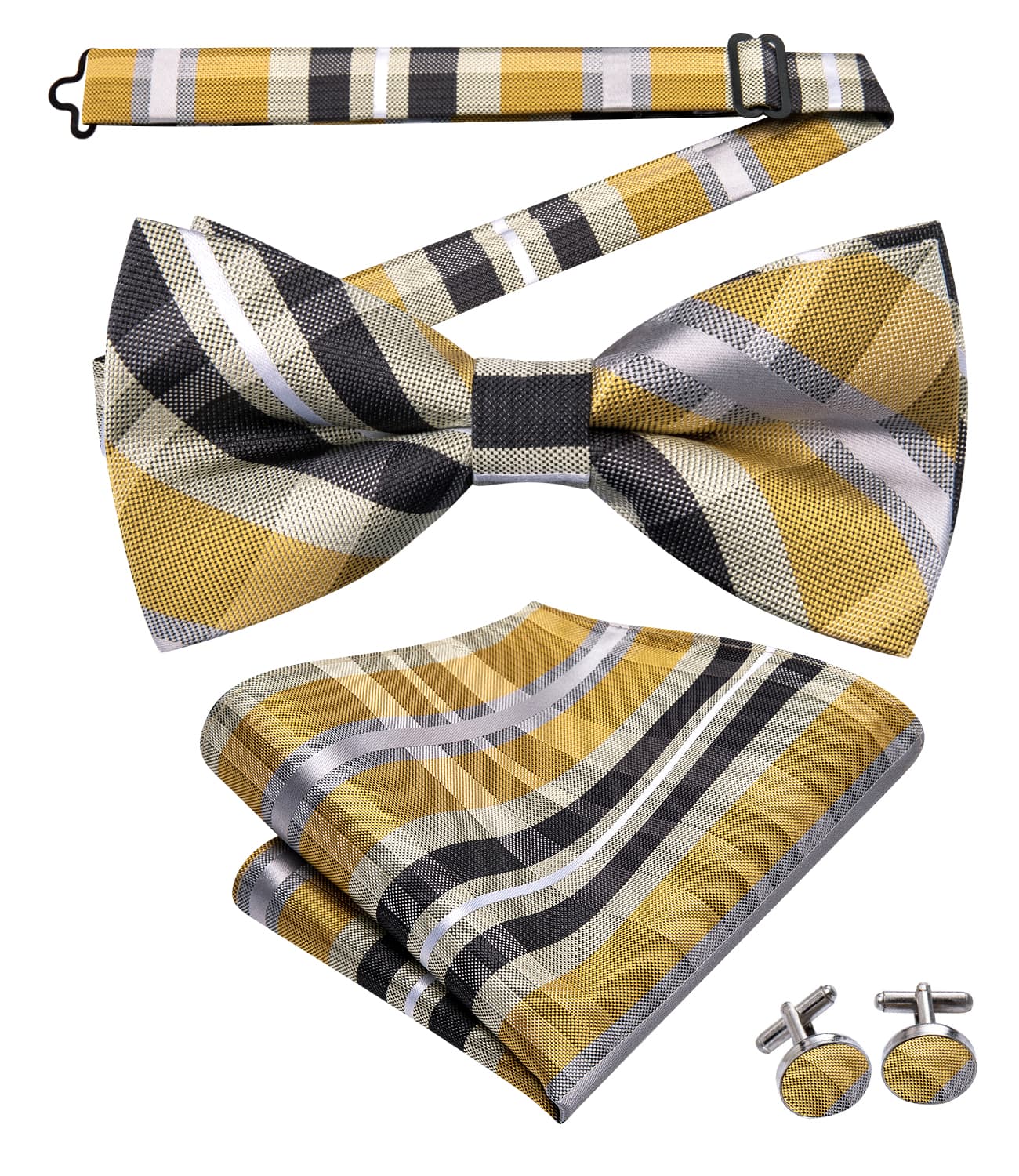 Yellow Bowtie Black Grey Stripes Bow Tie Hanky Cufflinks Set