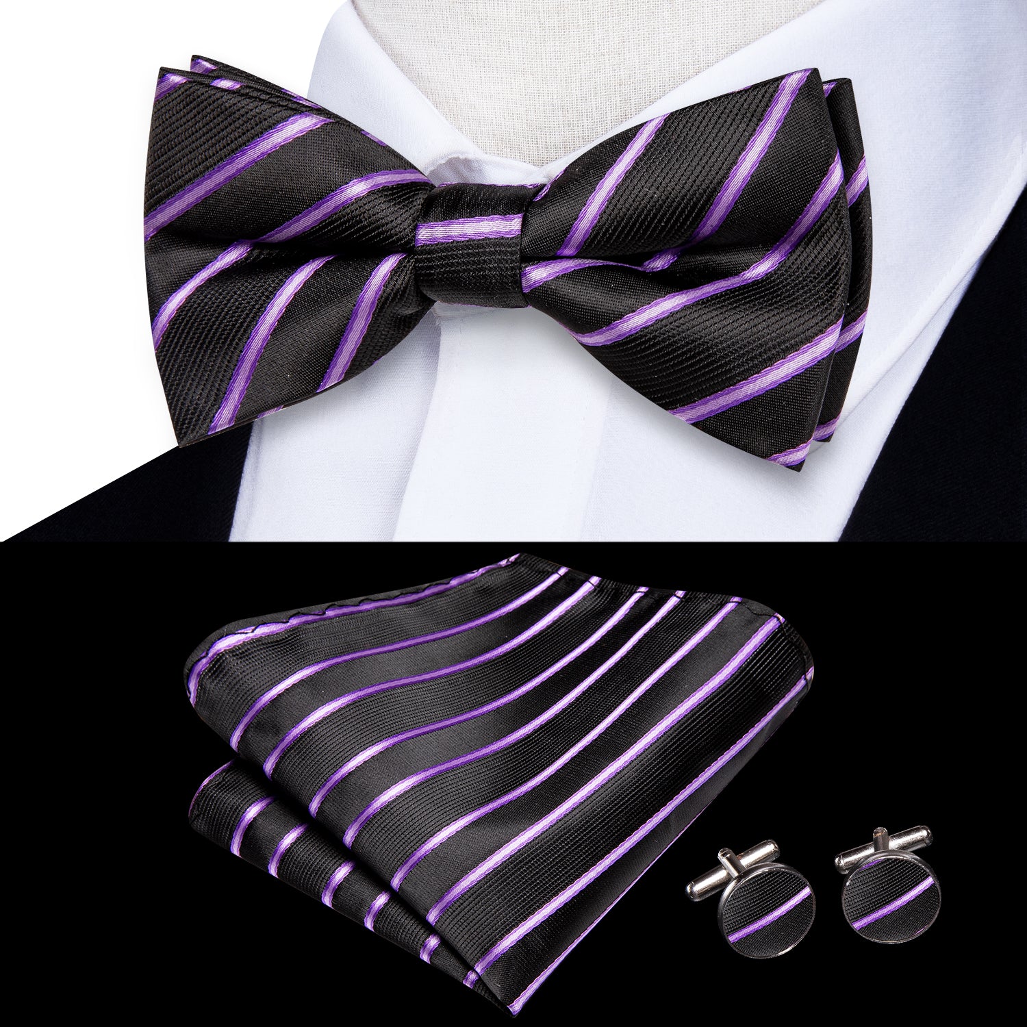 Black Purple Striped Children Kids Bow Tie Hanky Cufflinks Set