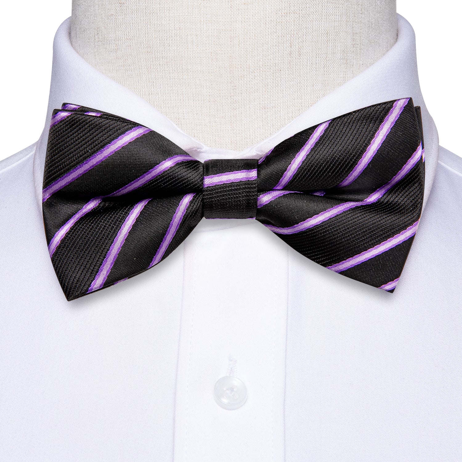 Black Purple Striped Children Kids Bow Tie Hanky Cufflinks Set