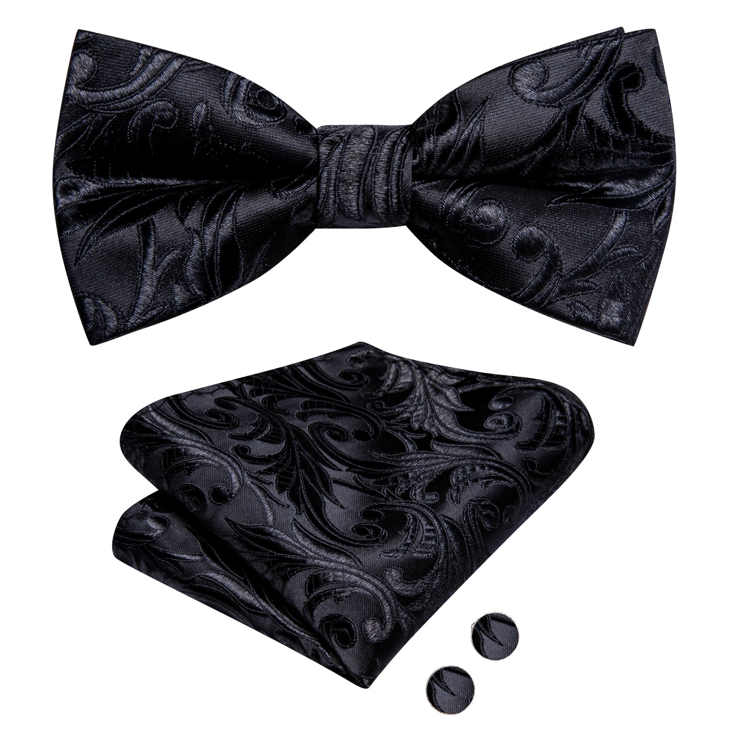 Black Floral Children Kids Bow Tie Pocket Square Cufflinks Set