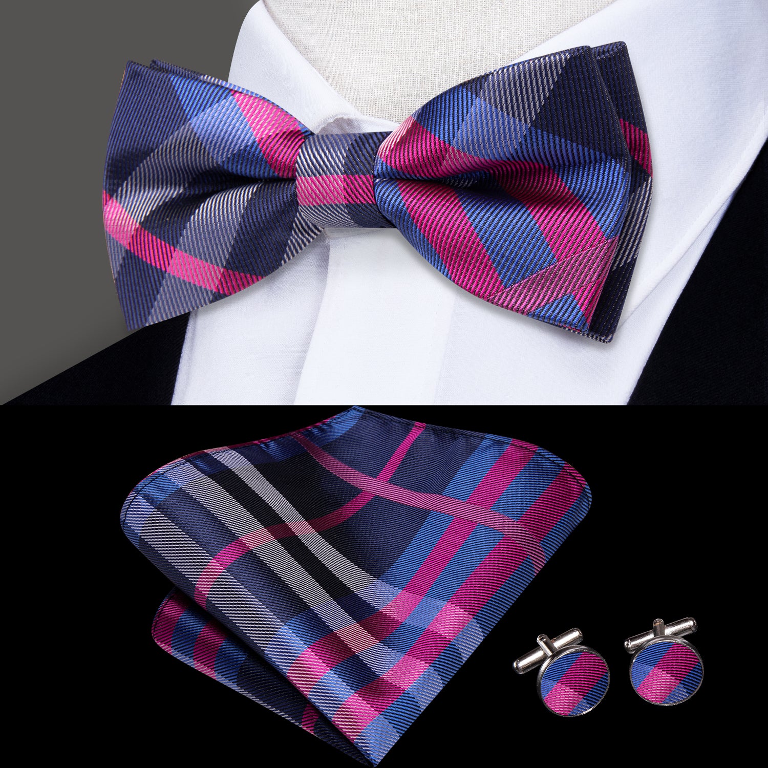 Blue Pink Plaid Children's Kids Bow Tie Hanky Cufflinks Set