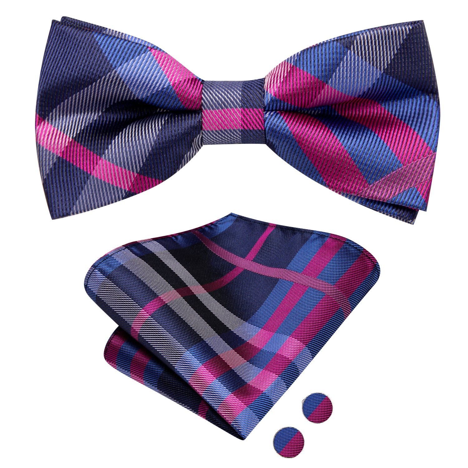 Blue Pink Plaid Children's Kids Bow Tie Hanky Cufflinks Set