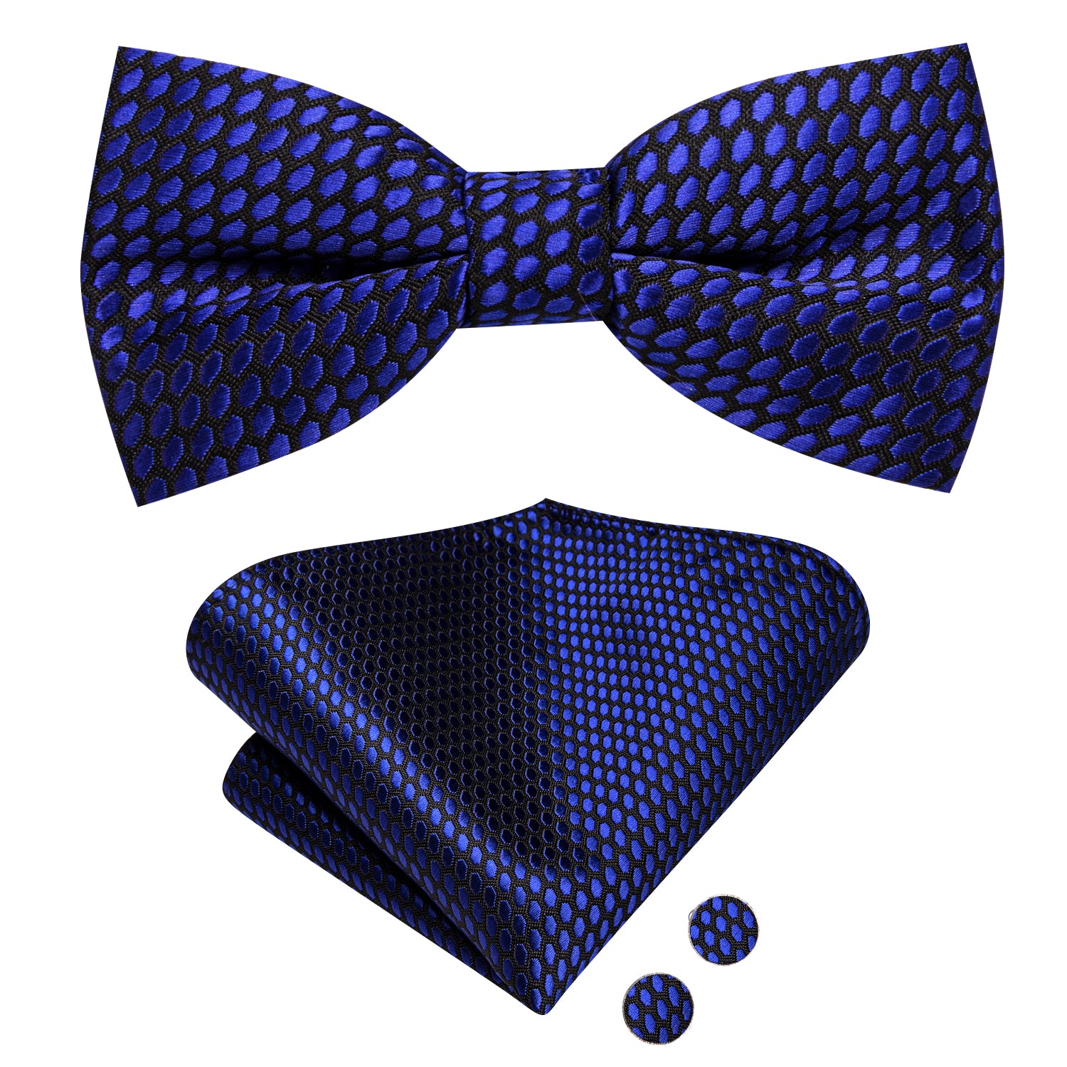 Necktie Deep Blue Geometric Kids Bow Tie Hanky Cufflinks Set