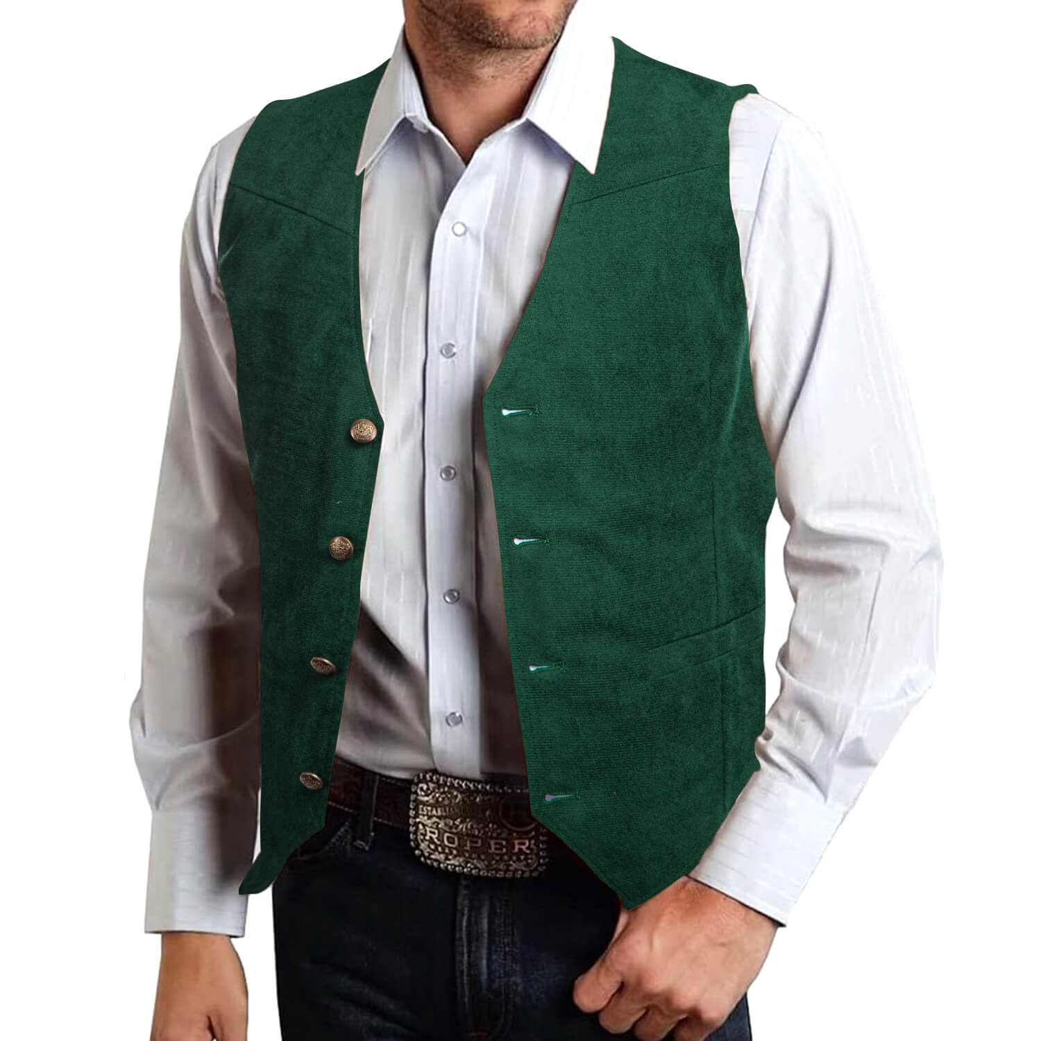 Hi-Tie Button Vest Dark Green Suede Solid Men's Single Vest