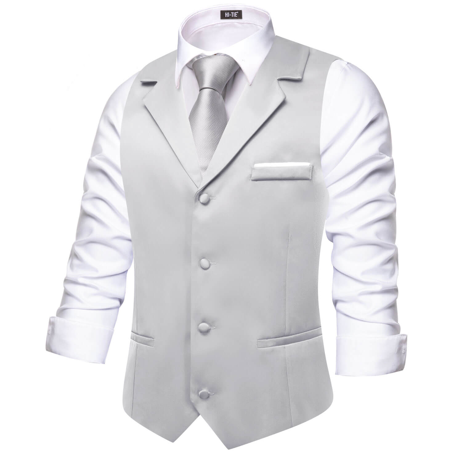 Hi-Tie Sliver Grey Waistcoat Solid Notch lapels Men's Vest