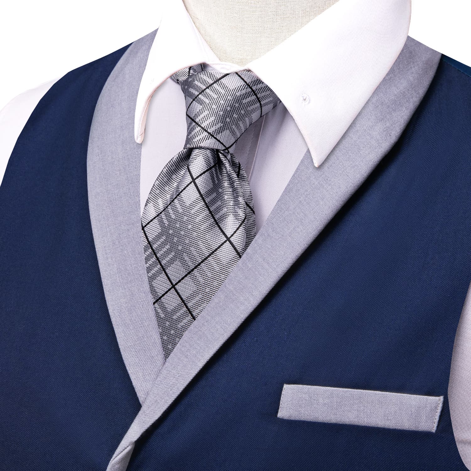 LightGrey Shawl Collar Dark Blue Solid Waistcoat Formal Vests for Business