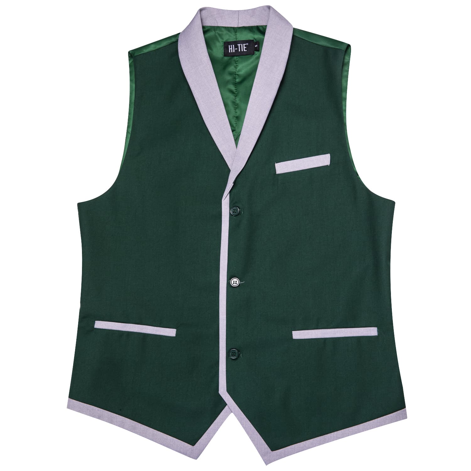LightGrey Shawl Collar Sapphire Pine Green Solid Waistcoat Formal Vest