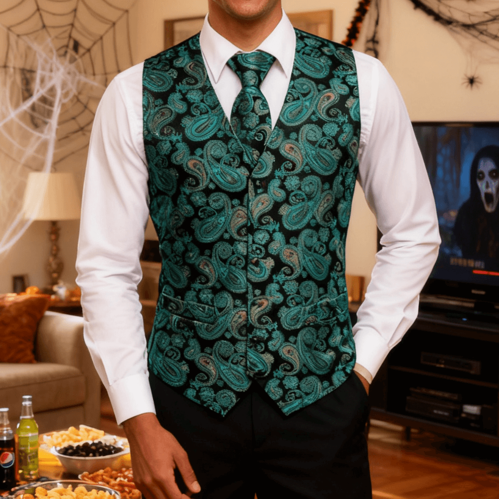 Hi-Tie Teal Black Paisley Silk Mens V-Neck Vest Hanky Cufflinks Tie Set