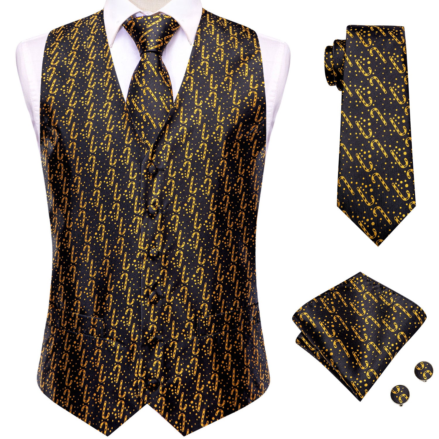 Christmas Black Golden Candy Cane Men's Vest Hanky Cufflinks Tie Set