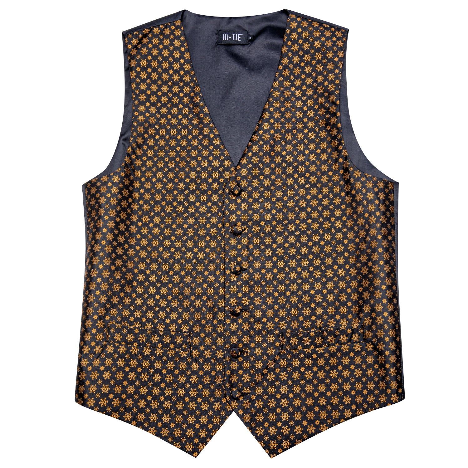 Black Gold Christmas Snowflakes Men's Vest Hanky Cufflinks Tie Set