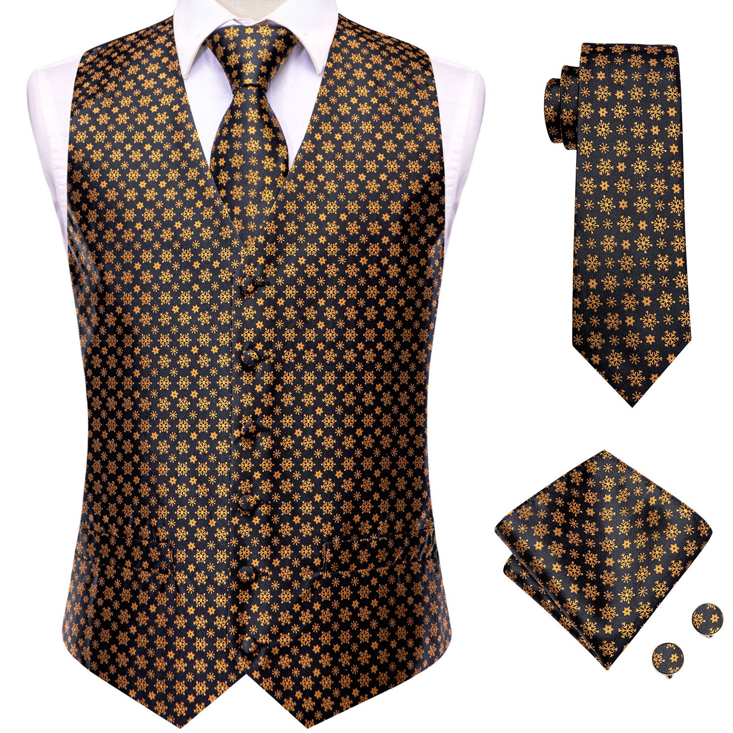 Black Gold Christmas Snowflakes Men's Vest Hanky Cufflinks Tie Set