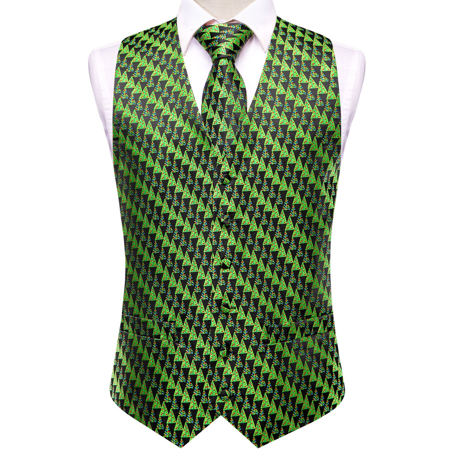 Green Christmas Tree Men's Vest Hanky Cufflinks Tie Set