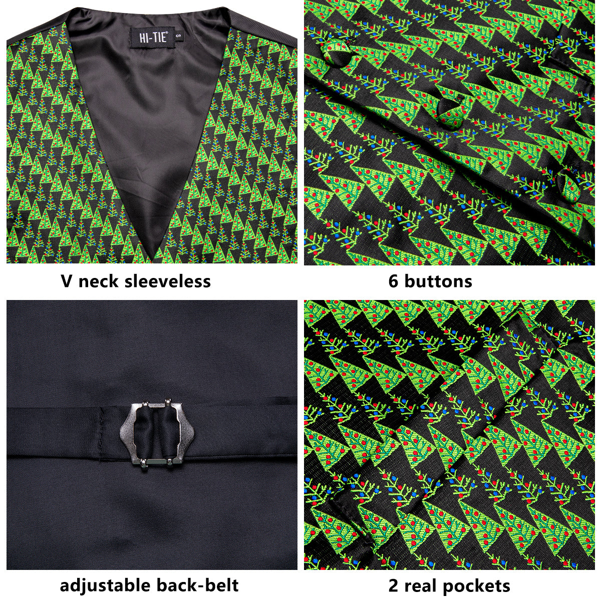 Green Christmas Tree Men's Vest Hanky Cufflinks Tie Set