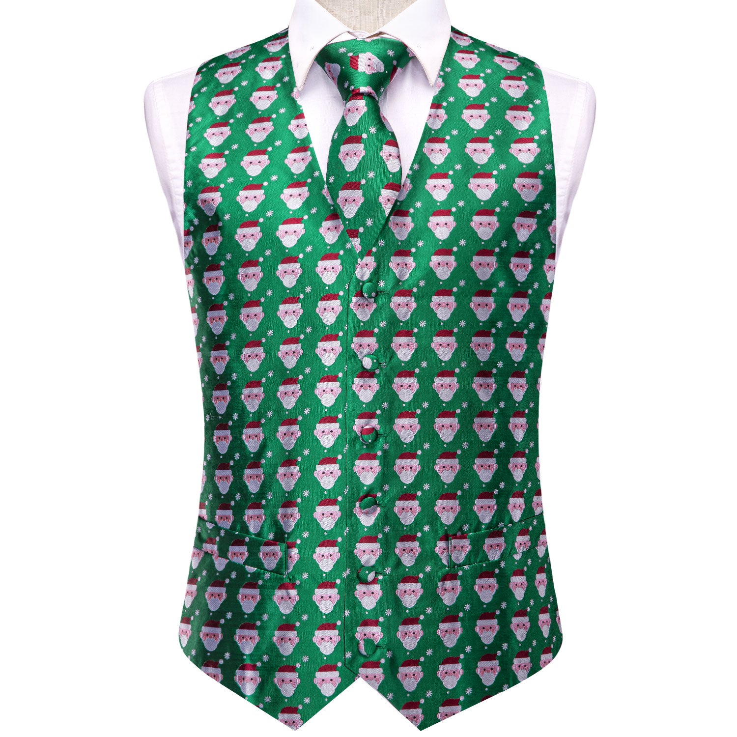 Christmas Green Snowmen Men's Vest Hanky Cufflinks Tie Set