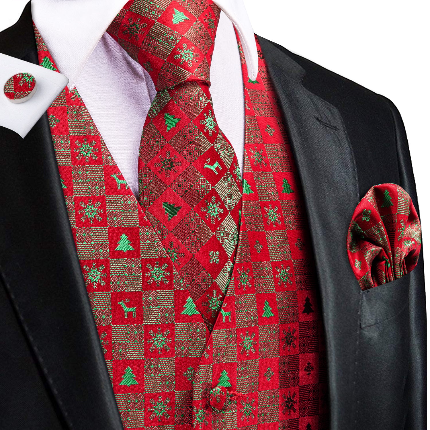 Christmas Red Green Novelty Pattern Men's Vest Hanky Cufflinks Tie Set