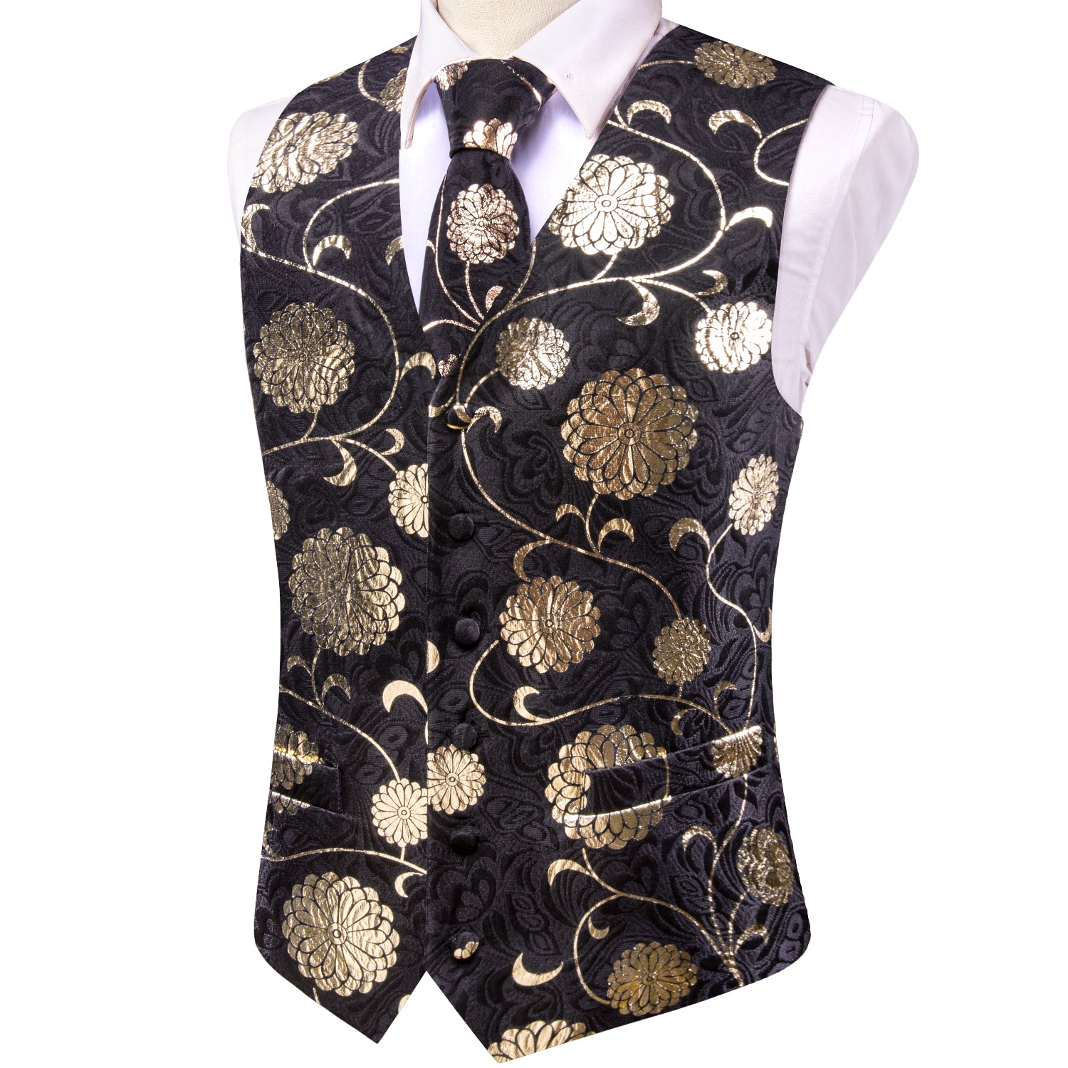 Black Champagne Floral Men's Vest Hanky Cufflinks Tie Set
