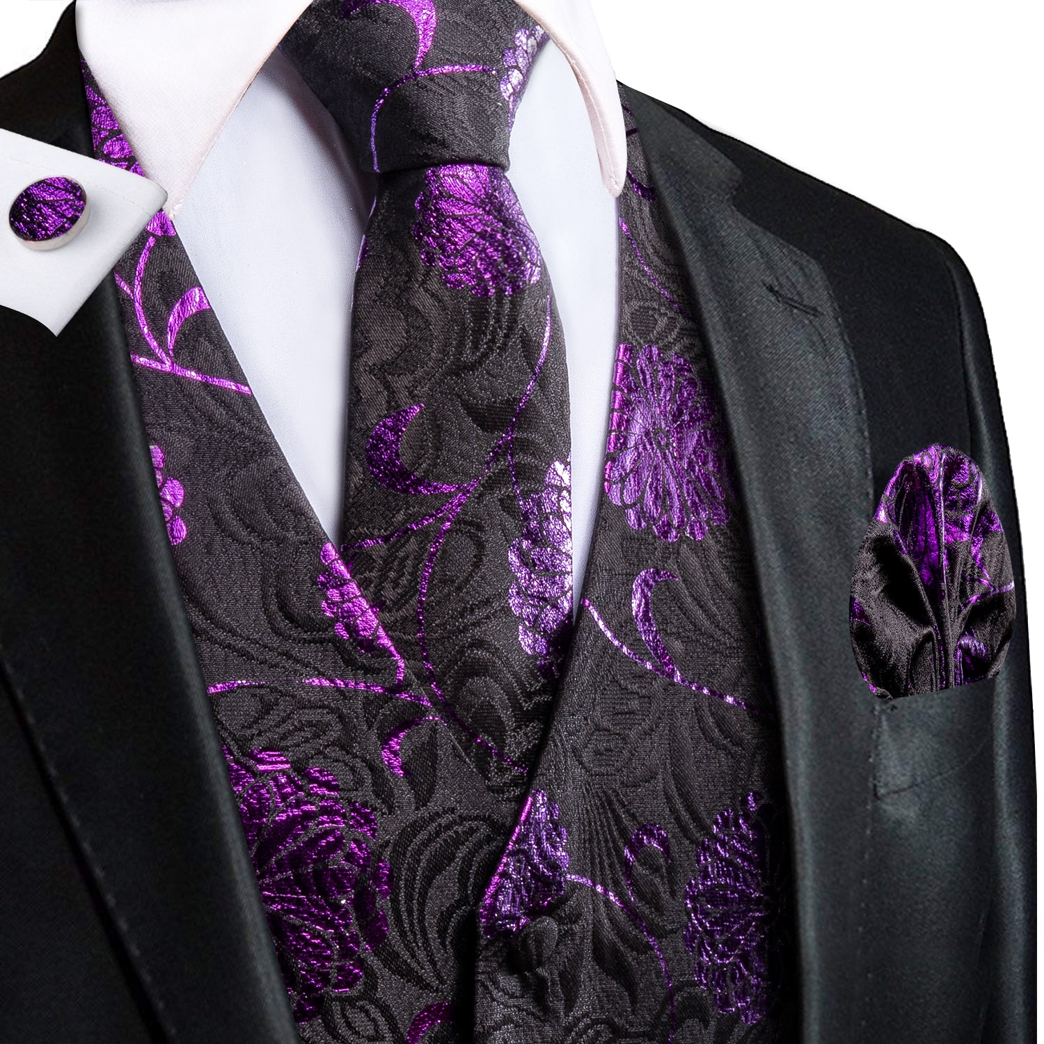 Black Purple Floral Men's Vest Hanky Cufflinks Tie Set
