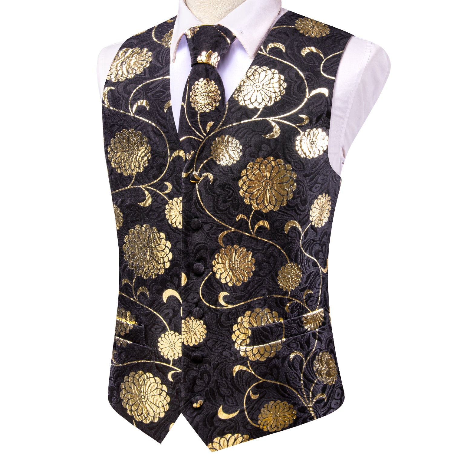 Black Gold Floral Men's Vest Necktie Hanky Cufflinks Tie Set