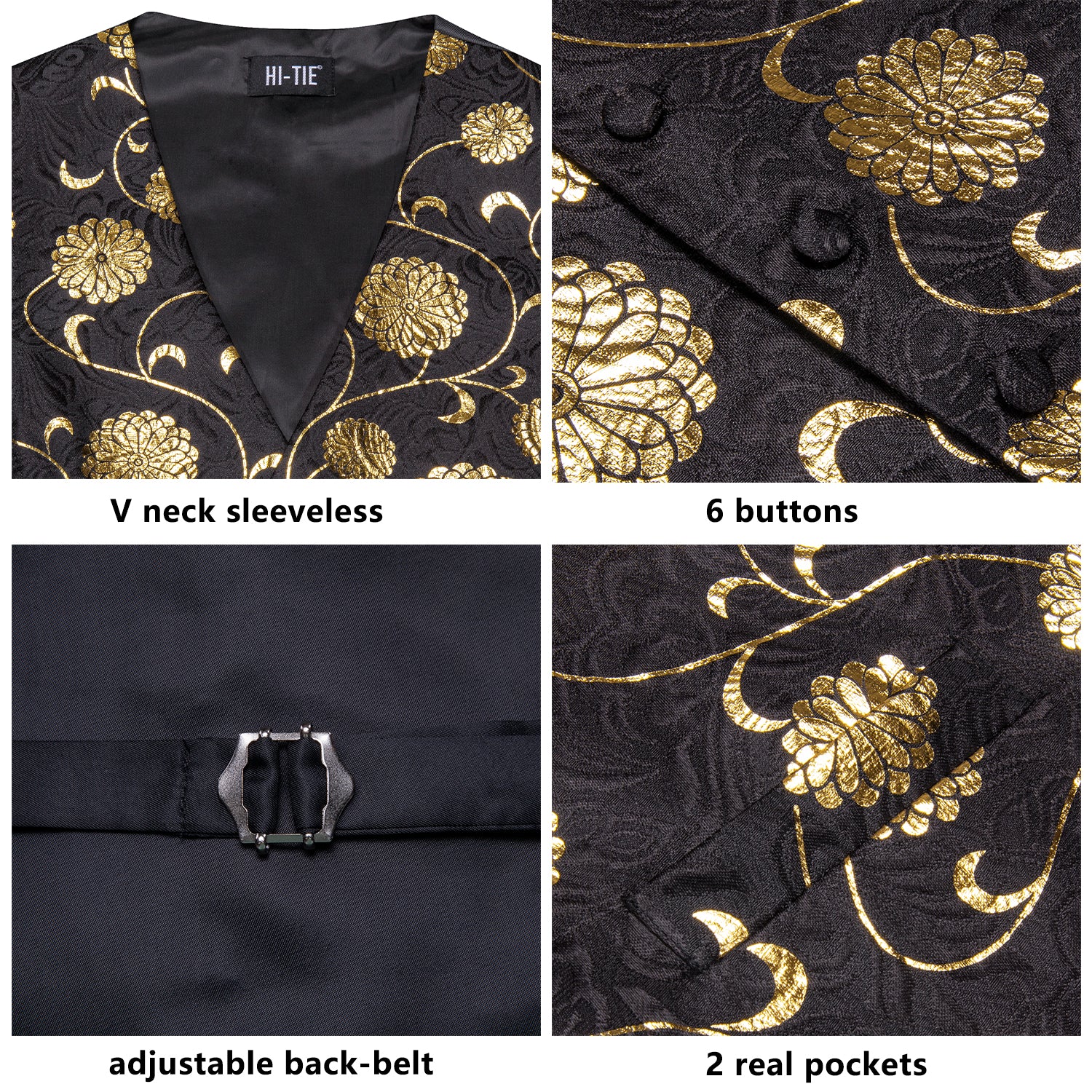Black Gold Floral Men's Vest Necktie Hanky Cufflinks Tie Set