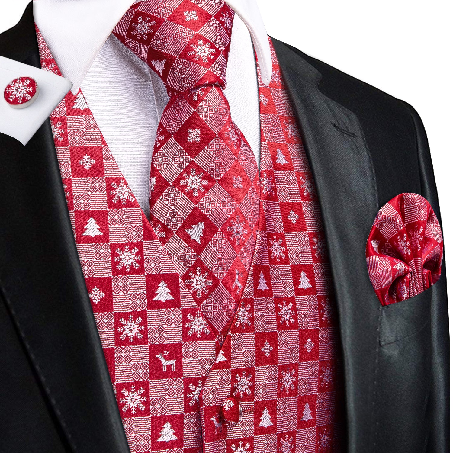 Christmas Red White Novelty Pattern Men's Vest Hanky Cufflinks Tie Set