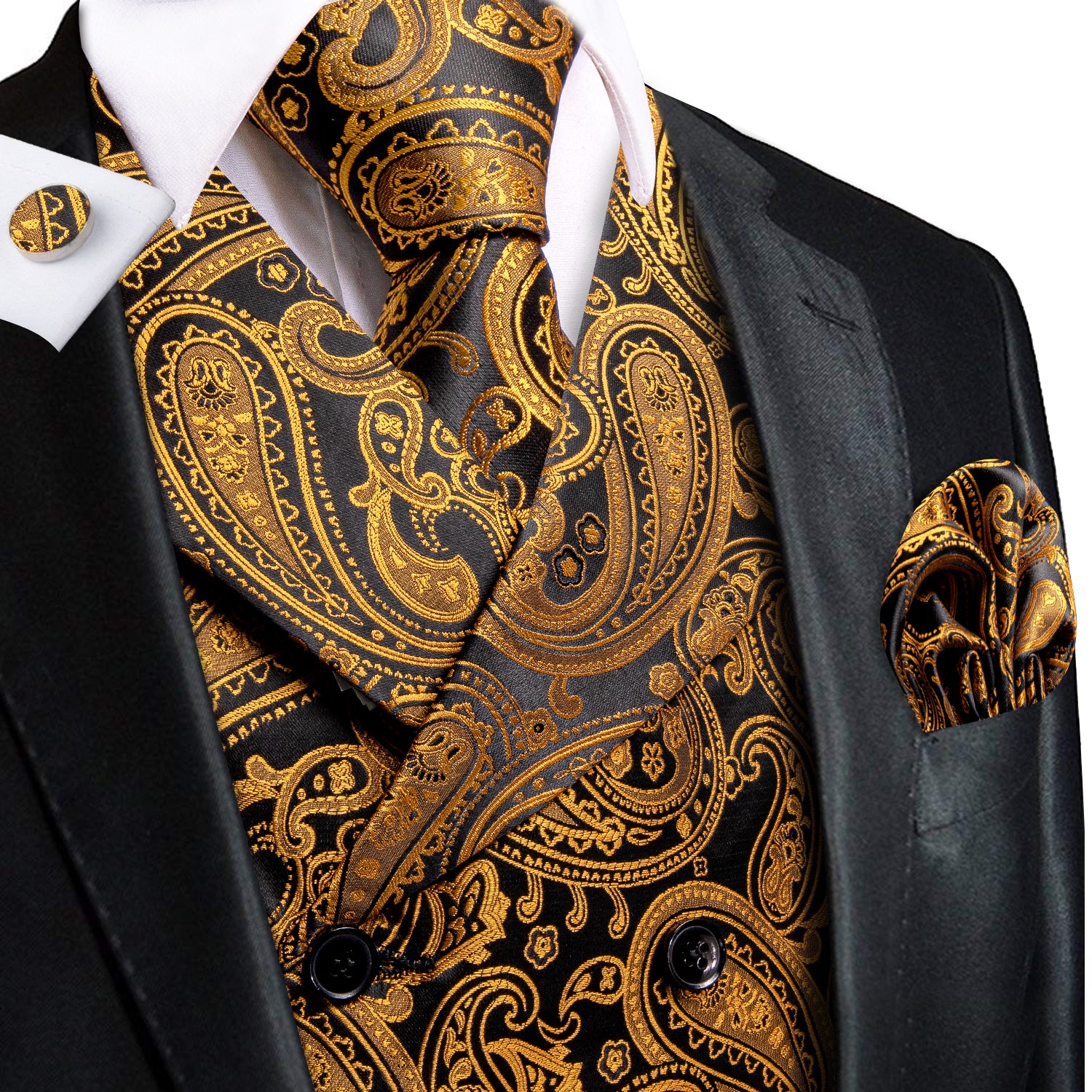 Black Gold Paisley Men's Collar Vest Hanky Cufflinks Tie Set