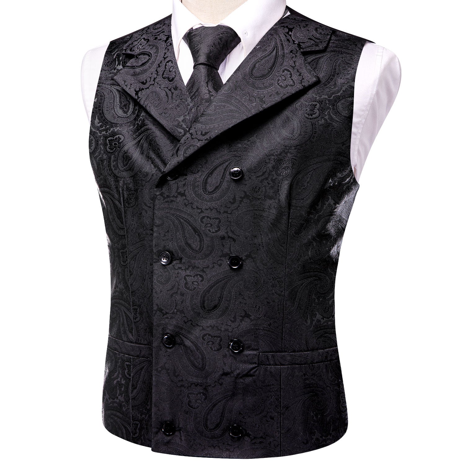 Black Paisley Men's Collar Vest Hanky Cufflinks Tie Set