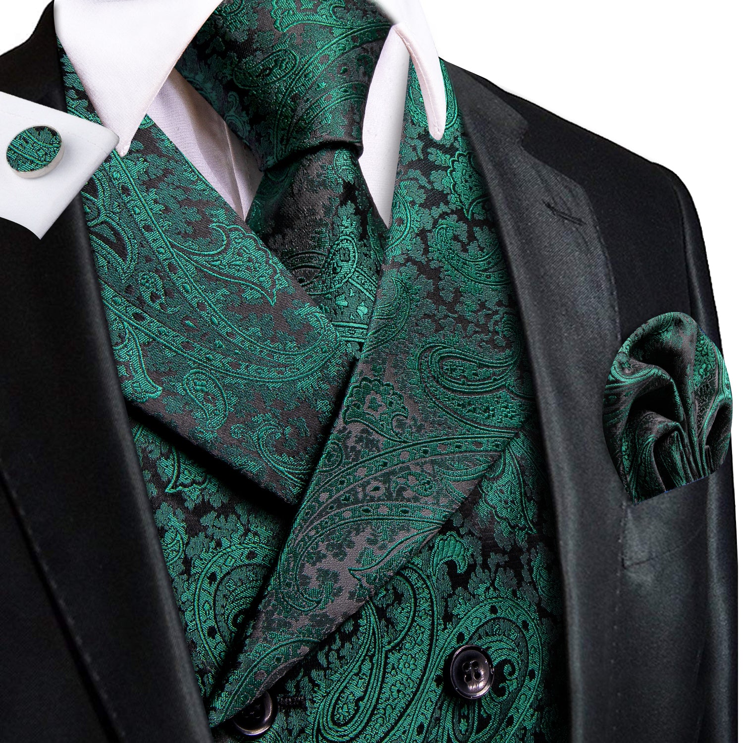Green floral jacquard notched lapel waistcoat and black blazer 