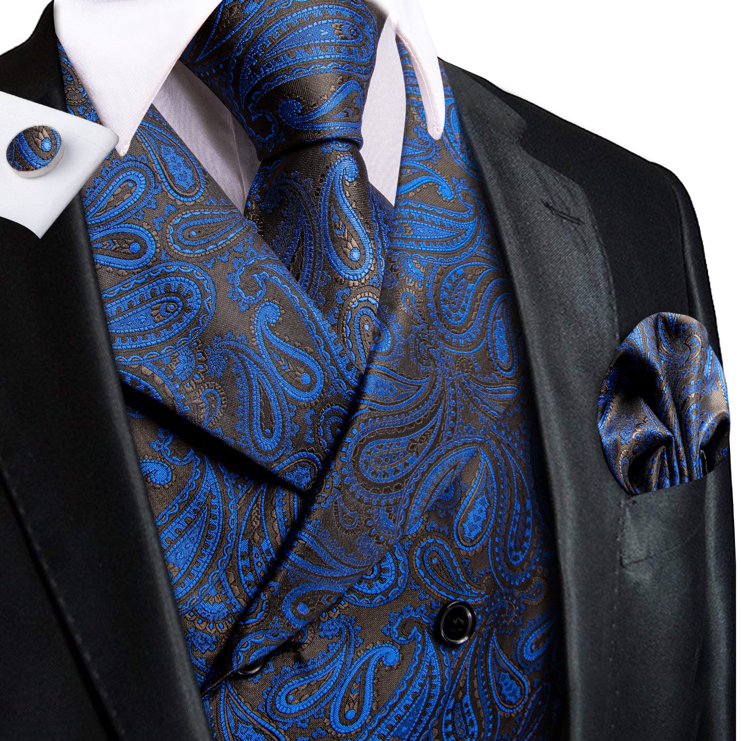 Black blue Paisley Jacquard notched lapel Mens vest set with necktie set