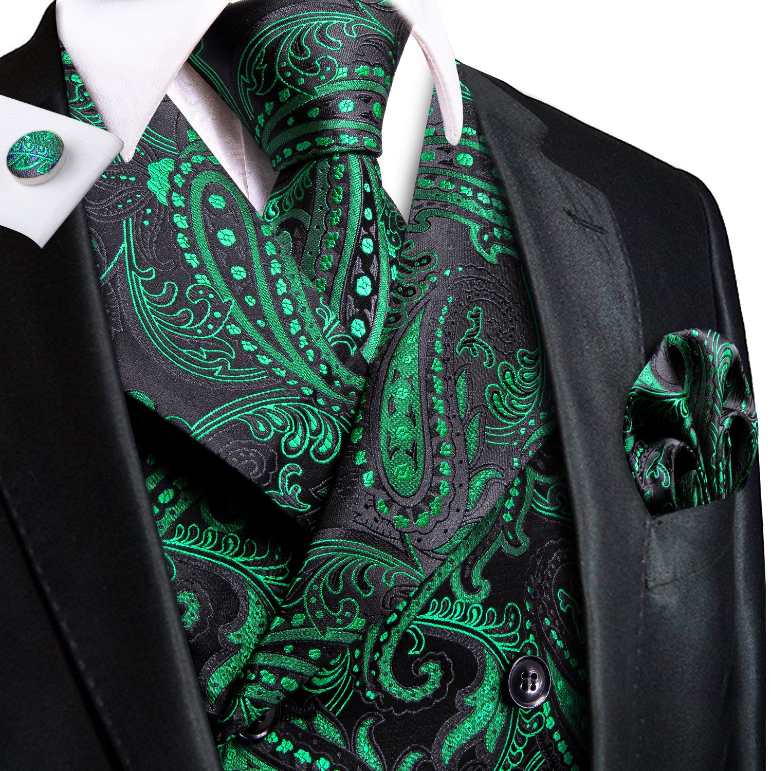Black Green Paisley Men's Collar Vest Hanky Cufflinks Tie Set