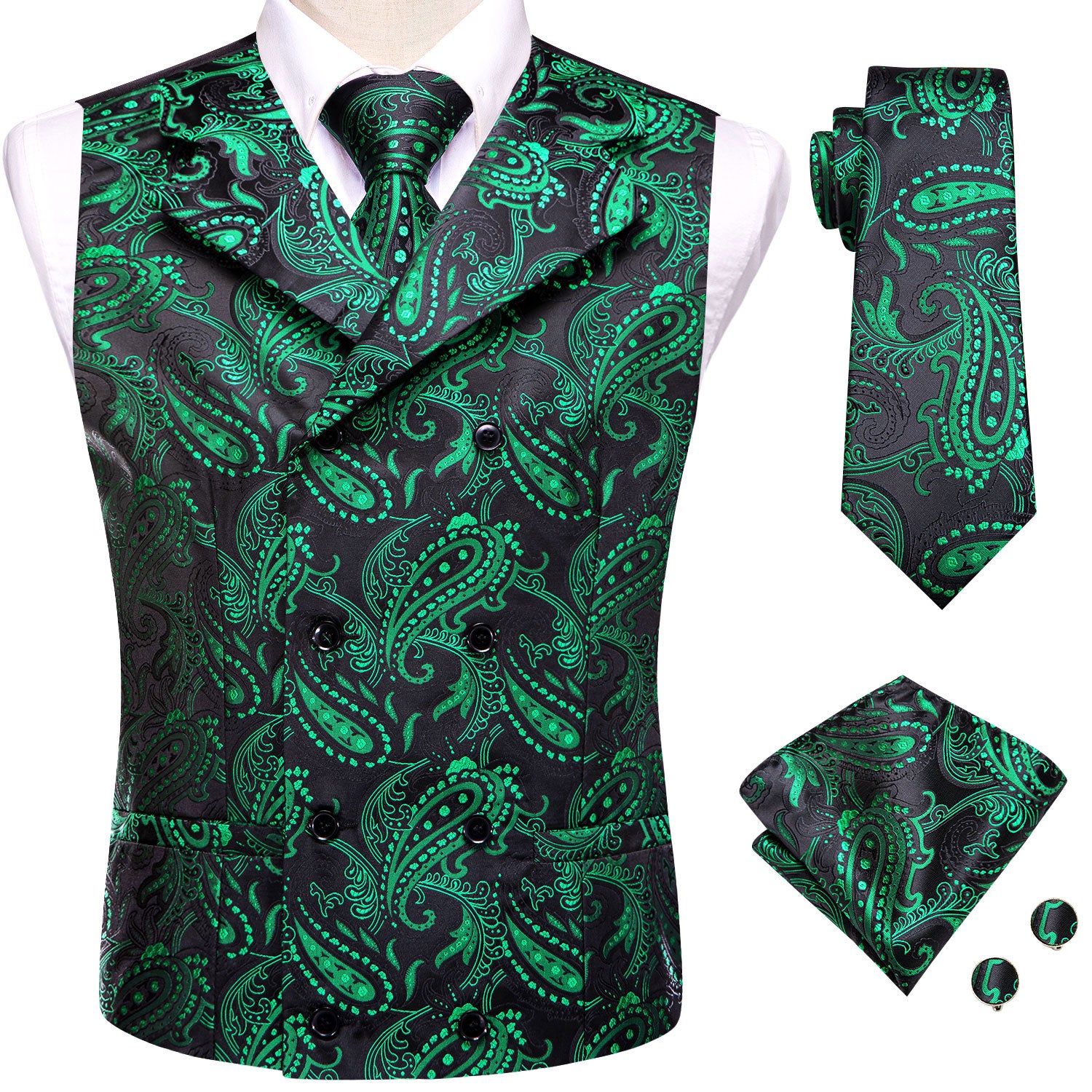 Black Green Paisley Men's Collar Vest Hanky Cufflinks Tie Set