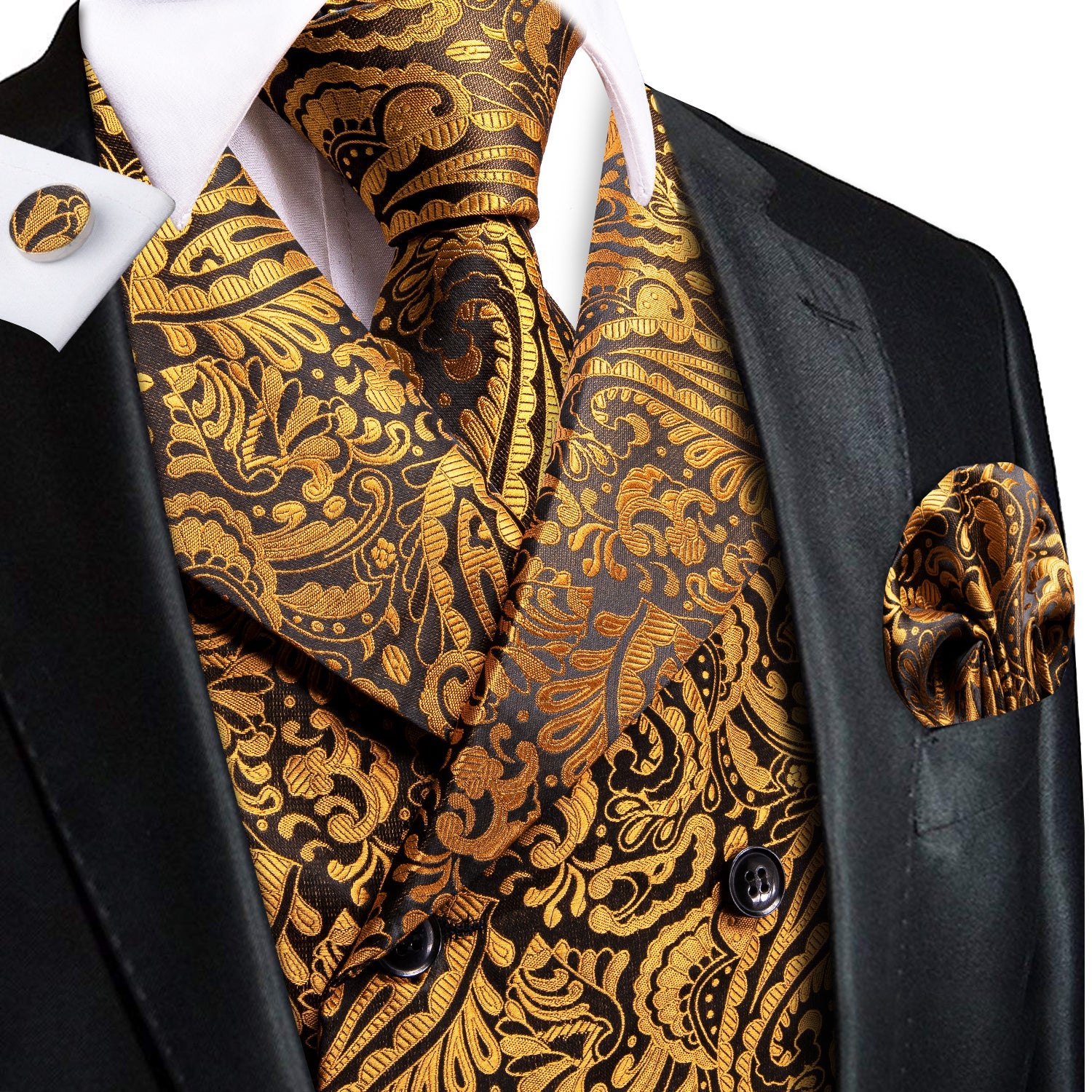Hi-Tie New Gold Paisley Men's Notched Lapel Collar Vest Tie Set