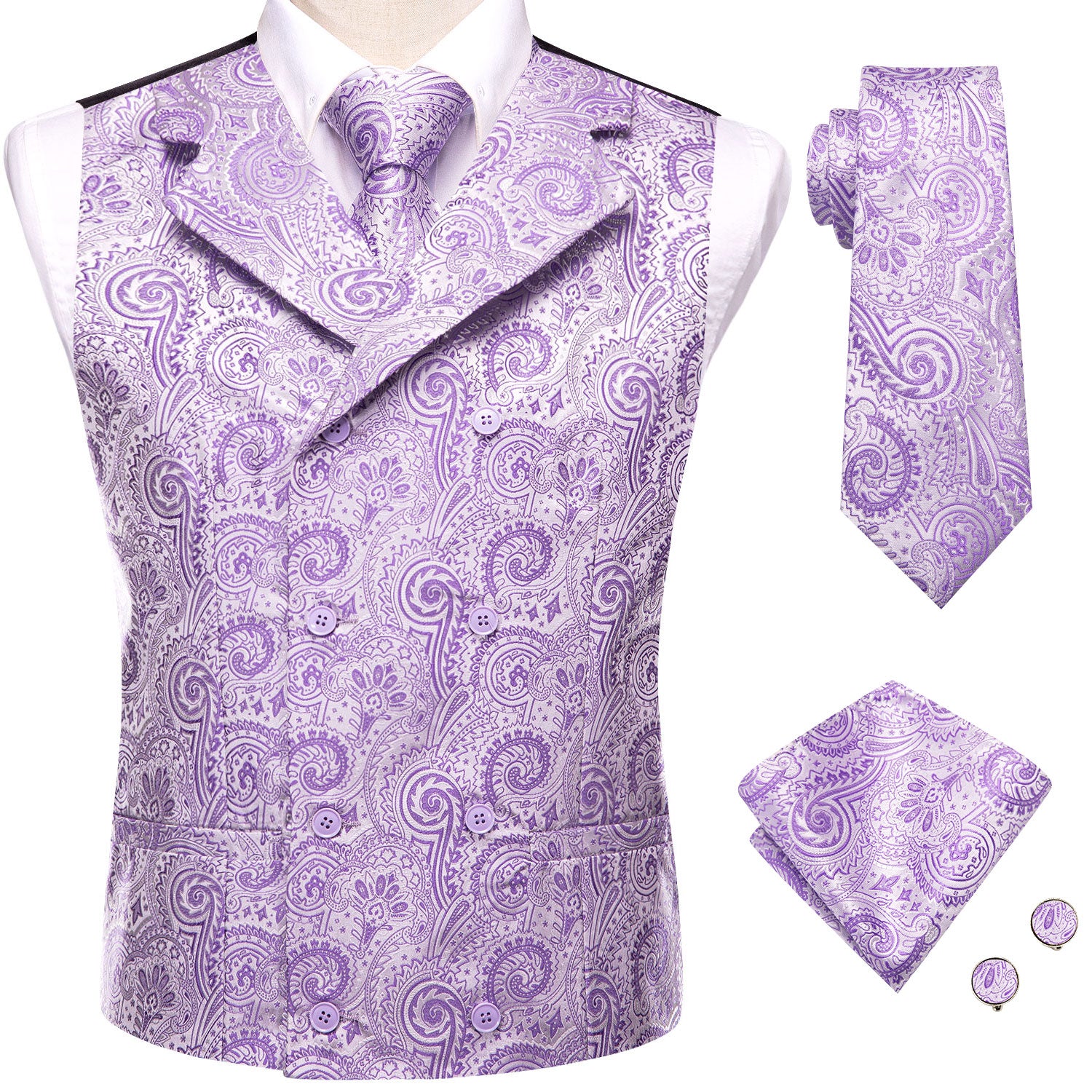 Lilac Purple Paisley Men's Collar Vest Hanky Cufflinks Tie Set