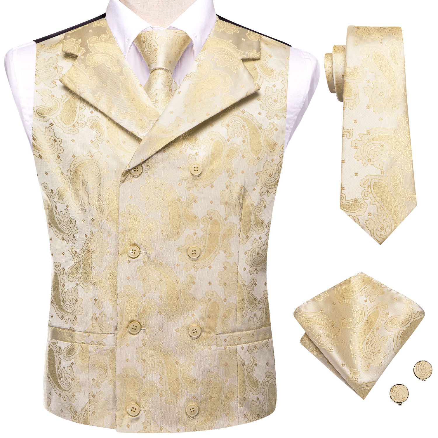 waistcoat    necktie  handkerchief and cufflinks  in same pattern 