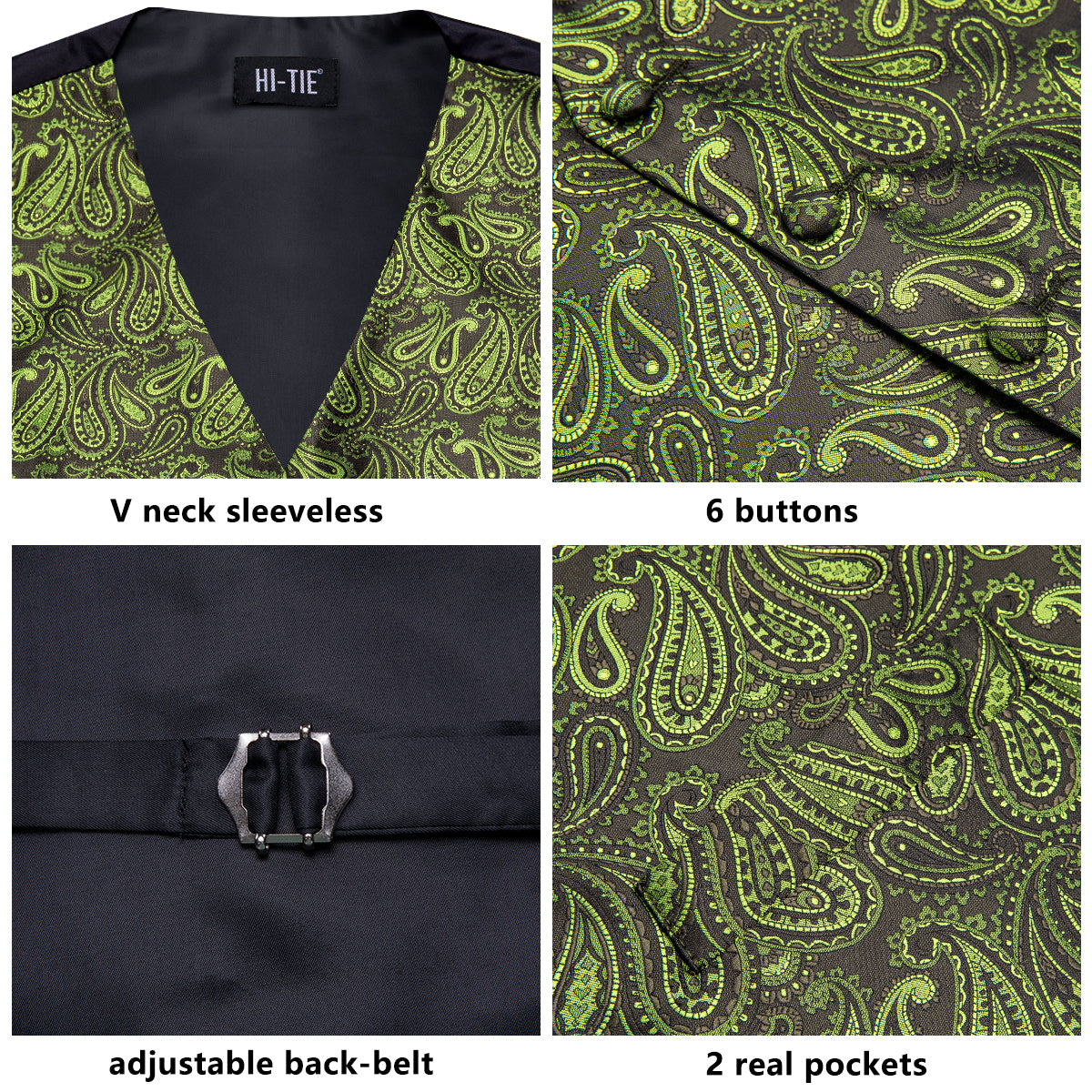 Olive Green Paisley Men's Vest Hanky Cufflinks Tie Set