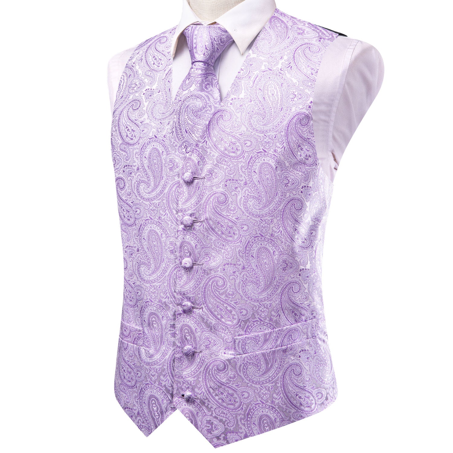 Hi-Tie Lilac Purple Paisley Men's Vest Hanky Cufflinks Tie Set