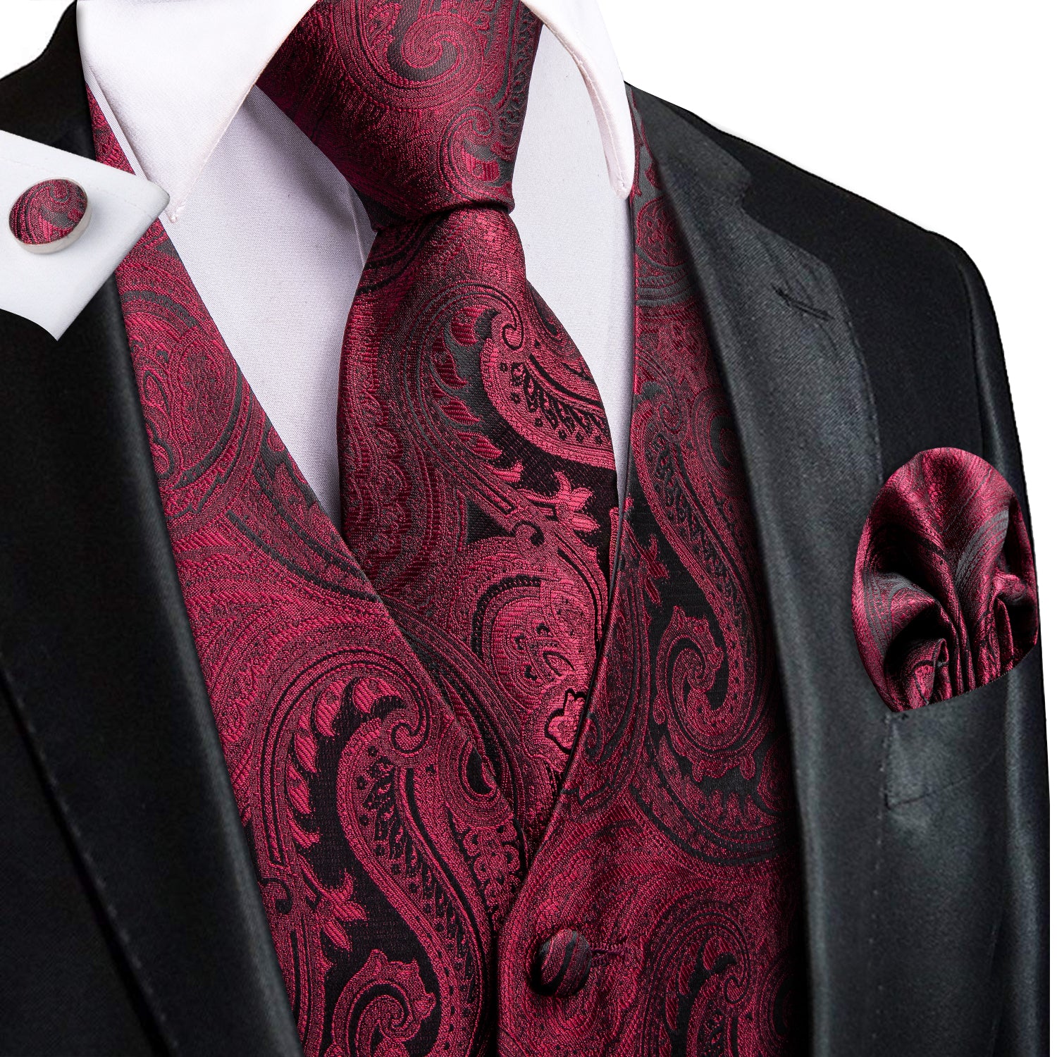 Deep Red Paisley Men's Vest Hanky Cufflinks Tie Set