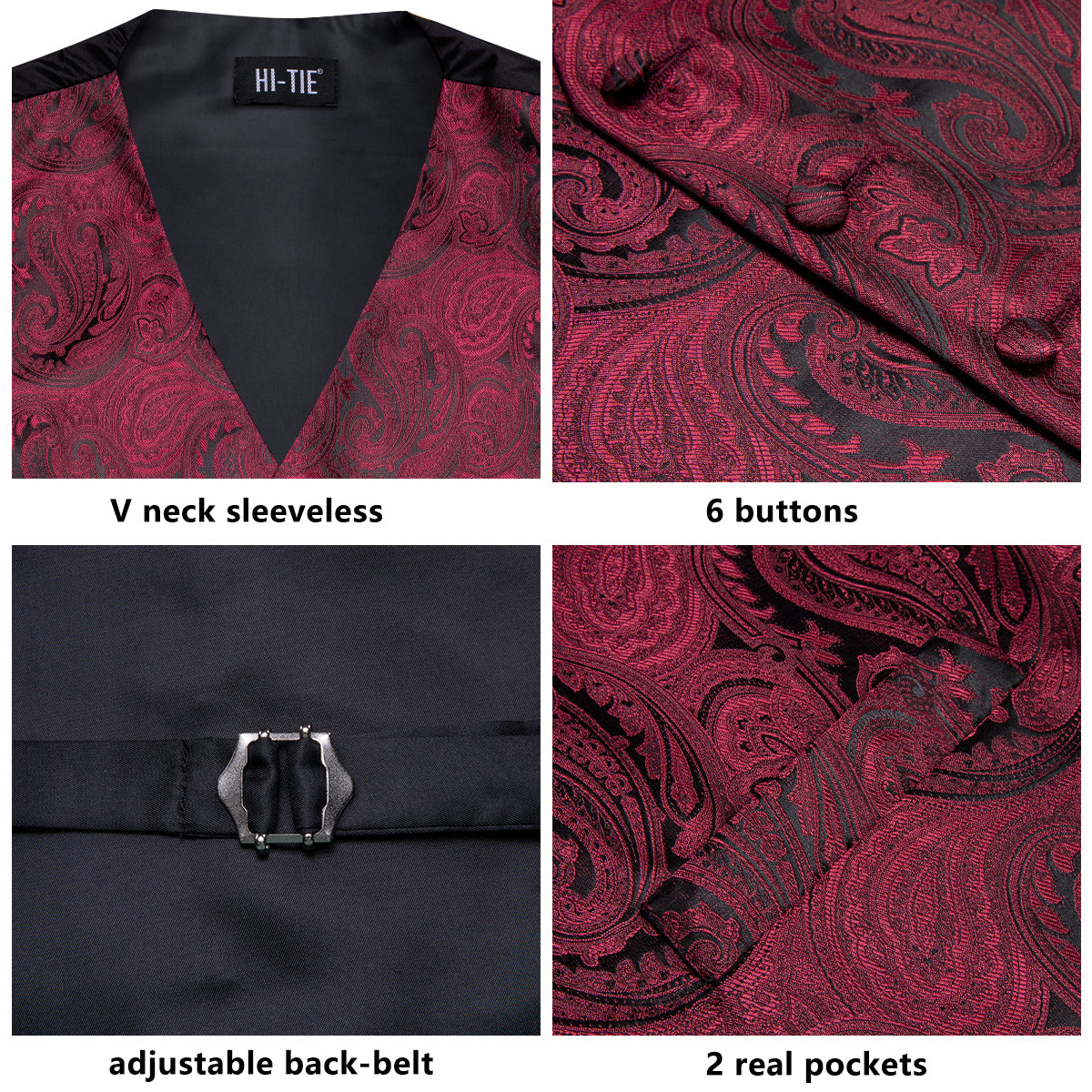 Deep Red Paisley Men's Vest Hanky Cufflinks Tie Set