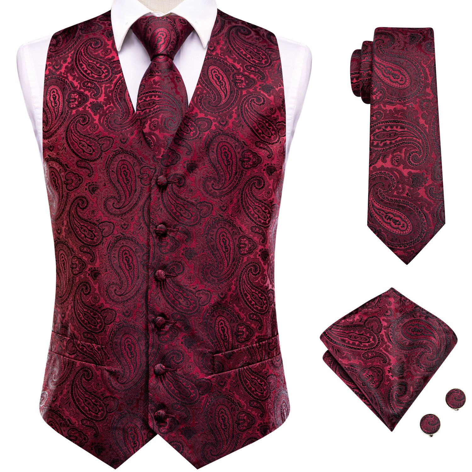 Hi-Tie Red Paisley Men's Vest Hanky Cufflinks Tie Set