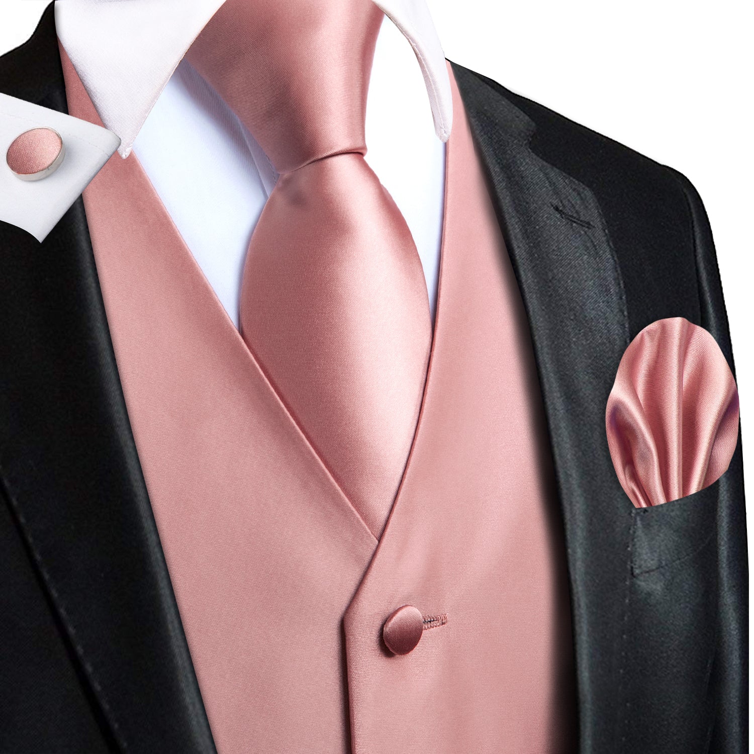 Hi-Tie Dark Coral Pink Paisley Men Vest Handkerchief Cufflinks Tie Set, M