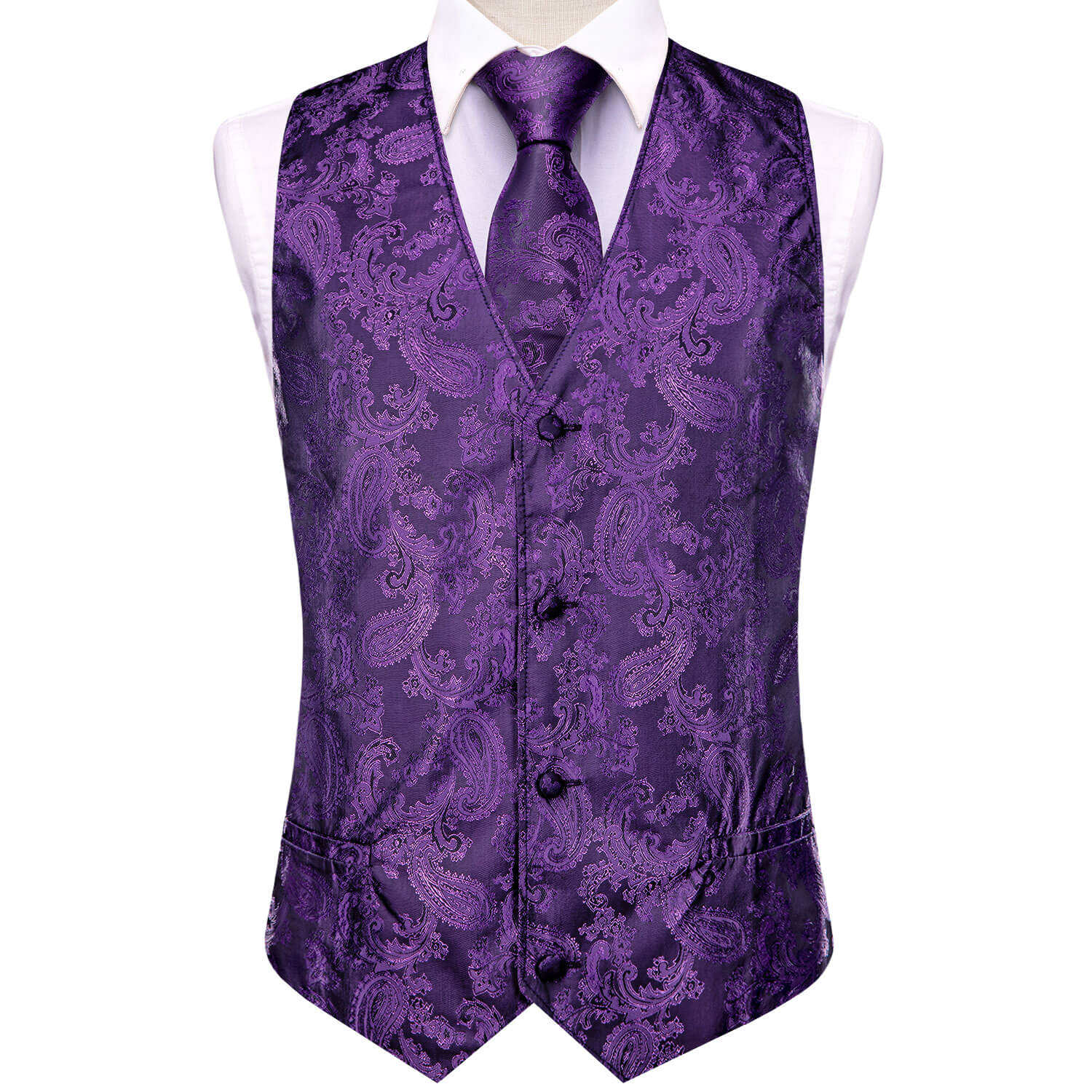 Indigo Purple Jacquard Paisley Mens Vest and Tie Set
