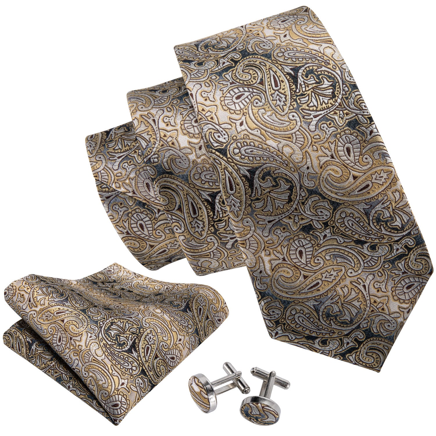 Men Necktie Yellow Grey Paisley Tie Pocket Square Cufflinks Set